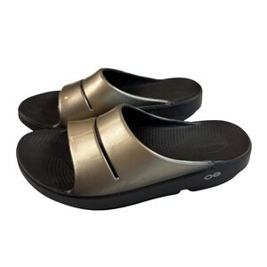 OOFOS OOAHH Luxe Slides Metallic Latte Slip On Comfort Recovery Women's US 9